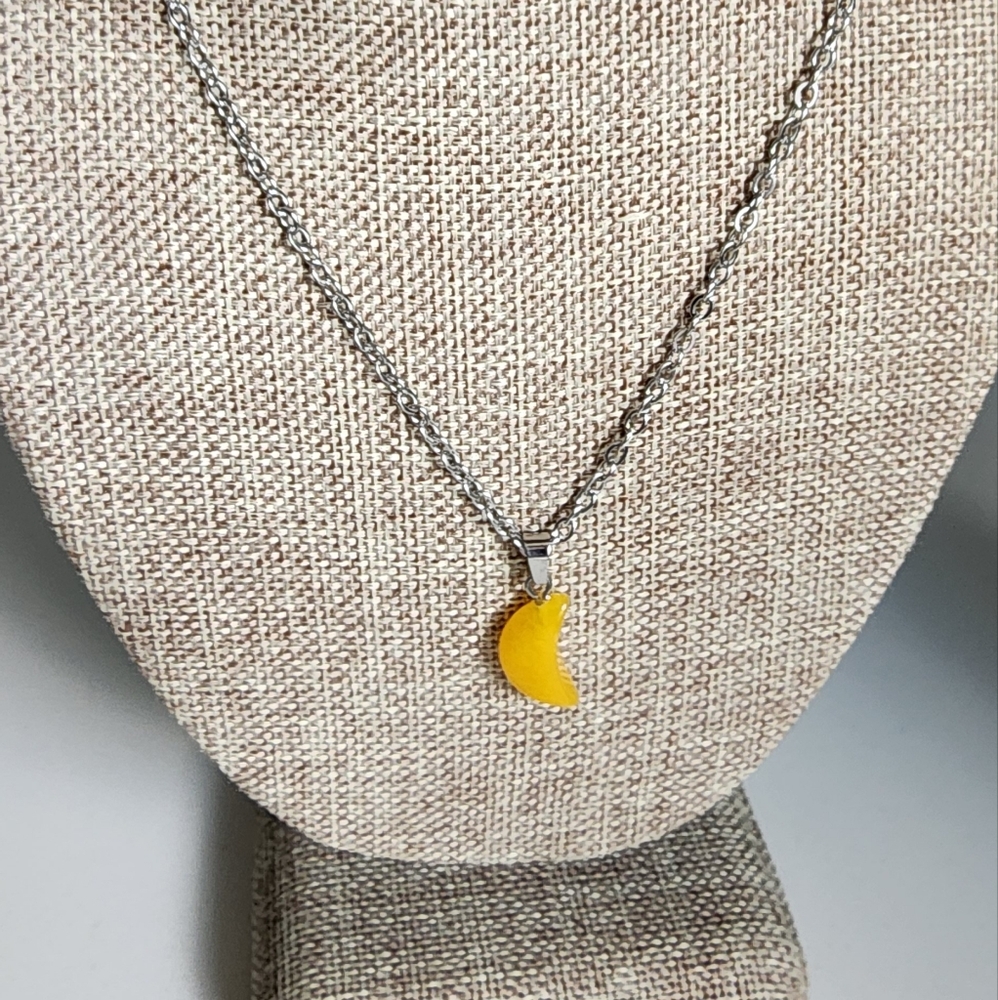 Crescent Moon Polished Yellow Agate Gemstone 18" Stainless Steel Necklace